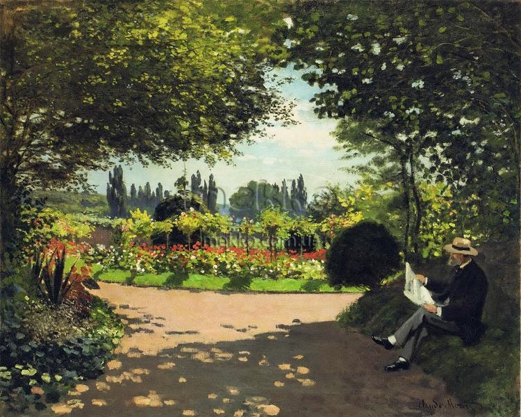 Пейзажний живопис Adolphe Monet Reading in the Garden, 1866, Клод Моне 